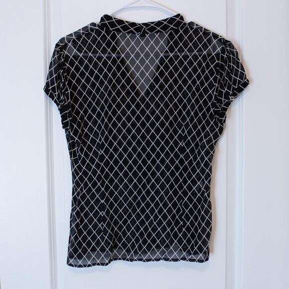 Y2K Express Studio Top Silk Sheer Black White Grid Short Sleeve M | True Winter - Picture 2 of 8